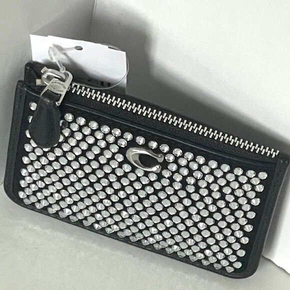 Coach Essential Mini ID Card Case Wallet Keychain Crystal Black Leather CX249 - Picture 6 of 9